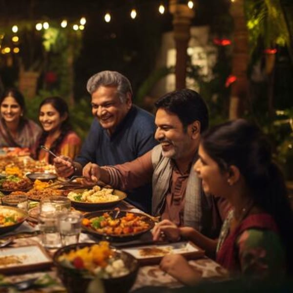 A family enjoying a Passage to India meal together at a candlelit outdoor table.